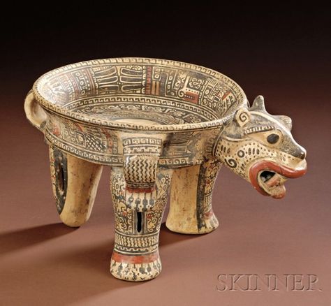 Pre-Columbian Polychrome Pottery Jaguar Tripod Bowl | Sale Number 2506, Lot Number 34 | Skinner Auctioneers Maya Art, Mayan Art, American Ceramics, Ancient Pottery, Ancient Mayan, Aztec Art, Ancient Sculpture, Native American Pottery, Ancient Egyptian Art