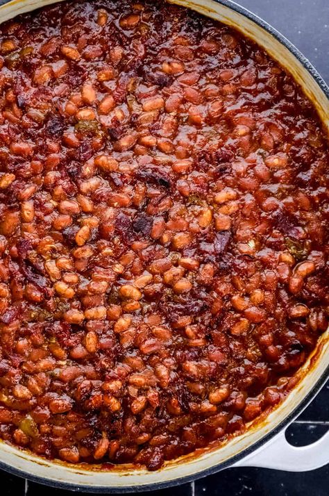 Southern Baked Beans are the perfect side dish recipe made with simple ingredients including canned beans, bacon, and a sweet and savory sauce. The best southern style recipe to share at family gatherings. simplylakita.com #bakedbeans Baked Beans Recipe Southern, Easy Baked Beans Recipe Simple, Sweet And Spicy Baked Beans, Best Homemade Baked Beans, Candied Baked Beans, Baked Beans With Jalapeno, Hillbilly Baked Beans, Dressed Up Baked Beans, 7 Bean Baked Beans