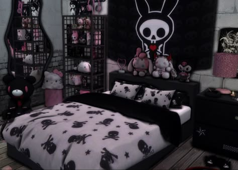 Goth Room Inspiration, Goth Teen Bedroom, Scene Room Aesthetic, Emo Y2k Room, Emo Scene Bedroom, Scene Emo Room Ideas, Bedroom Ideas Emo, Sims 4 Goth Bedroom Cc, Emo Scene Sims 4 Cc