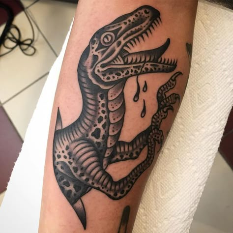 Paul Dobleman on Instagram: "An older one... #dinosaur @blackhearttattoo #continuingatradition #dobleman #thebrotherselectric" Military Sleeve Tattoo, Paul Dobleman, Old School Tattoo Sleeve, Dinosaur Tattoo, Traditional Black Tattoo, Stick Tattoo, Earth Tattoo, Traditional Tattoo Old School, Traditional Tattoo Inspiration