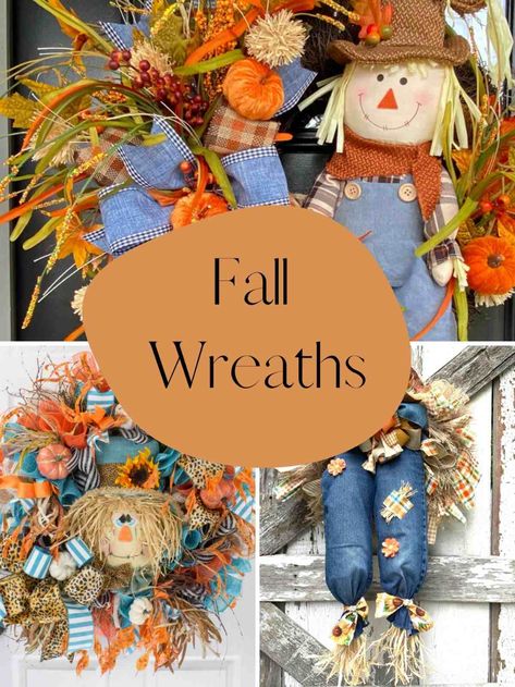 31 Scarecrow Wreaths To DIY Or Buy - PinkPopDesign Fall Scarecrow Wreath Ideas Diy, Scarecrow Wreaths Diy, Fall Wreaths With Scarecrows, Diy Scarecrow Wreath Tutorial, Diy Scarecrow Wreath, Diy Scarecrow Decoration, Scarecrow Wreath Diy, Scarecrow Decorations, Make A Scarecrow