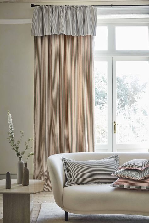 Ticking Stripe Curtains and Cushions in Living Room Red Stripe Curtains, Two Tone Curtains Living Room, Blind And Curtains Together, Ticking Curtains, Pinstripe Curtains, Two Tone Curtains, Ticking Stripe Curtains, Ian Mankin, Cafe Shutters