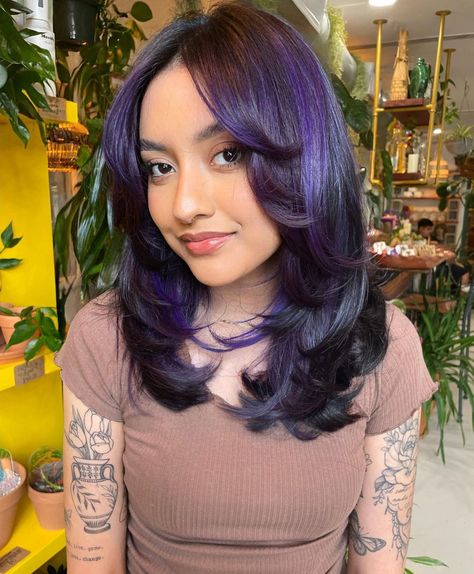 15 Best Layered Hairstyles For The Perfect Look Violet Highlights On Black Hair, Purple Highlights Black Hair, Purple Peekaboo Hair, Dark Violet Hair, Purple Hair Streaks, Colored Hair Roots, Violet Highlights, Haircolor Ideas, Color Hairstyles