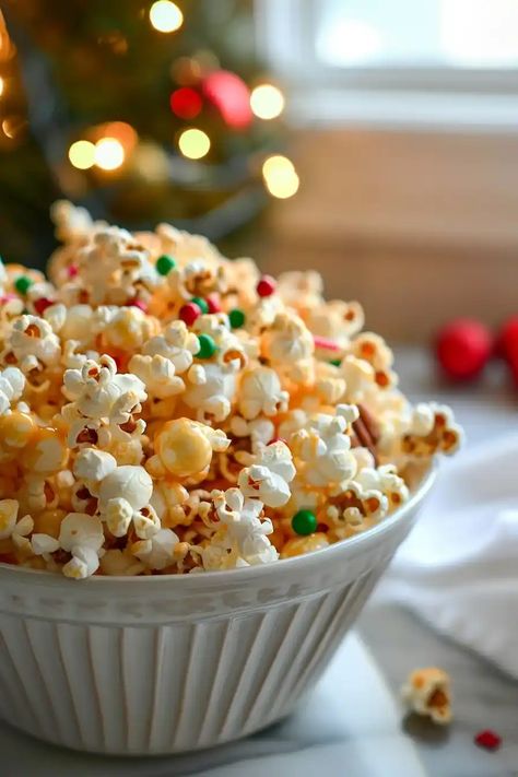 Discover the joy of making Christmas Popcorn with this festive recipe. It combines sweet caramel, crunchy nuts, and festive sprinkles for a perfect holiday treat. Ideal for cozy movie nights or as a thoughtful homemade gift. Get your popcorn popping and share the magic! Christmas Popcorn Recipes, Christmas Popcorn, Christmas Movie Night, Holiday Mood, Jolly Holiday, Popcorn Recipes, White Chocolate Chips, Food Festival, Holiday Treats