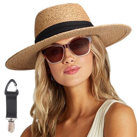 PRICES MAY VARY. Premium Material: The women's sun hat and travel hat clip are wovens from high quality straw , featuring lightweight, breathable and packable, suitable for using in hot times. The sunglasses is made of TAC material and special plastic, also lightweight, it can reduces glare and protects eyes. Fashion Design: The top of this straw hat is cut out and decorated with a ribbon around the hat, breathable, simple and pretty. The brown sunglasses are a great way to flatter your face and Cruise Hats For Women, Hat Clip For Travel, Fedora Beach, Summer Fedora, Womens Beach Hat, Straw Panama Hat, Hands Free Bag, Hat Clip, Travel Hat