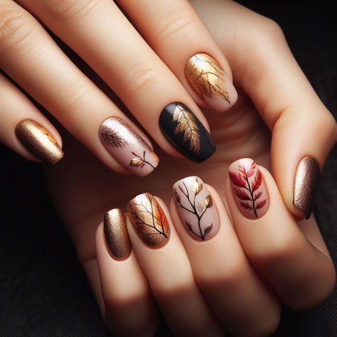 Thanksgiving Nail Designs Fall Autumn, Leaf Nails Design, Fall Nails Leaves, Leafy Nails, Fall Leaf Nail Designs, Leaf Nail Design, Fall Leaves Nails, Fall Leaf Nails, Nail Design For Fall