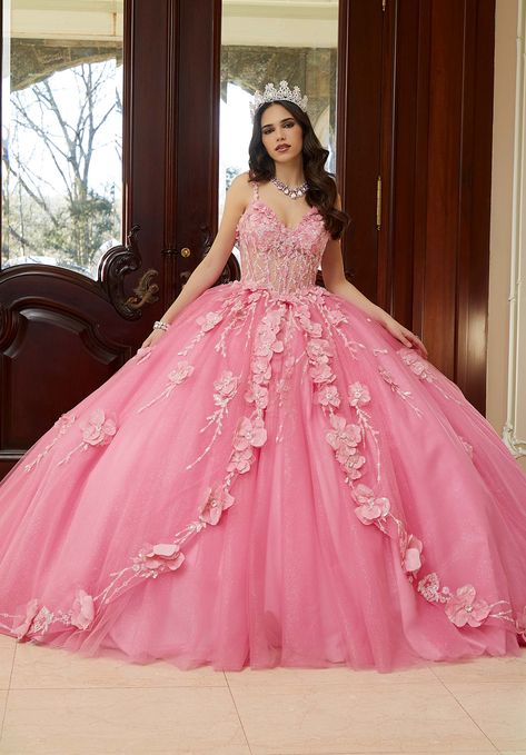 Crystal Beaded Quinceañera Dress with Three-Dimensional Floral Glitter Appliqués Glitter Quince Dress, Sheer Corset, Quince Dress, Barbie Gowns, Mother Wedding Dress, Quinceanera Dress, Pink Gowns, Sweet 15, Summer Wedding Dress