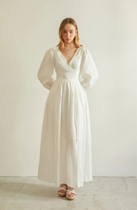 Arabella Maxi Linen Dress in White Long Sleeves Linen Dress, Maxi Linen Summer Dress, Pure Linen Clothing, White Wedding Linen Dress - Etsy Canada Simple Elegant Wedding Dress Midi, French Maxi Dress, Easy Long Dress Pattern, Linen Modest Dress, Classy Linen Dress, Balloon Sleeve Maxi Dress, White Tiered Maxi Dress, Linen Dress Long Sleeve, White Tea Dress