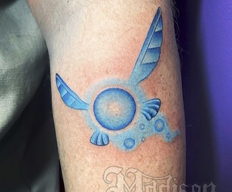 Sticking to the pact that me and my two odder kids wanted since they were young. On Mirs 18th we’d each get our fav zelda fairy tattoo’d. 😊 Zelda Fairy Tattoo, Legend Of Zelda Fairy, Legend Of Zelda Tattoo, Zelda Fairy, Fairy In A Jar, Jar Tattoo, Zelda Tattoo, Fairy Tattoo, Blue Fairy