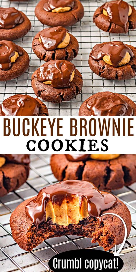 Buckeye Brownie Cookies are the perfect chocolate peanut butter treat! Fudgy chocolate cookies are topped with homemade buckeye candies in this easy recipe. Buckeye Brownie Cookies Recipe, Buckeye Cookies Easy, Buckeye Brownie Bites, Brownie Buckeyes, Buckeye Recipes, Buckeye Candies, Buckeye Cookies Recipe, Copycat Crumbl Cookie, Cupcakes Business