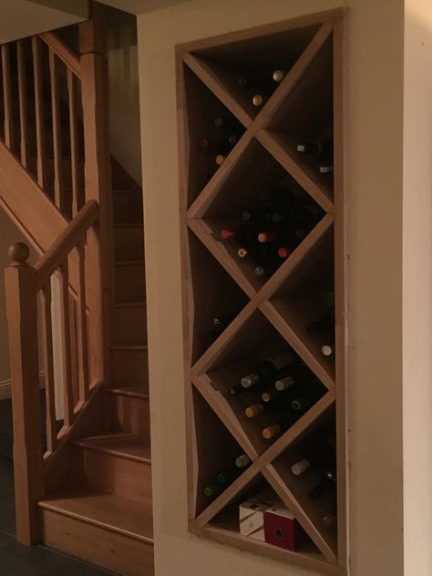 Wooden Wall built-in Wine rack Wall Niche Wine Rack, Wine Rack Above Fridge, Bookbag Storage, Wine Cupboard, Wine Rack Ideas, Bar Closet, Wine Nook, Wine Bottle Holder Wall, Above Fridge