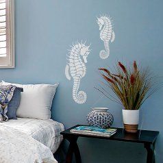 Seahorse-design-stencil-beach-style Mermaid Stencil, Anchor Stencil, Beach Stencils, Seahorse Wall Art, Nautical Stencils, Beach Style Decorating, Diy Beach Decor, Stencil Wall Art, Beach Bathroom