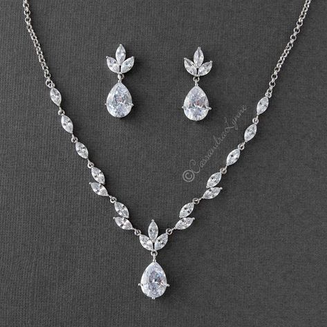 Teardrop CZ Bridal Necklace Jewelry Set - Cassandra Lynne Minimal Wedding Jewelry, Prom Jewlrey, Wedding Jewelery, Bride Jewelry Set, Wedding Necklace Set, Wedding Jewelry For Bride, Bride Necklace, Bridal Jewellery Design, Prom Jewelry