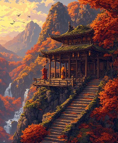 An ancient temple hidden in beautiful mountains. #art #nature #waterfall #sky #mountains #autumn #halloween Mountain Temple Concept Art, Mountain Temple Fantasy Art, Ancient Chinese Temple, Mountain Temple, Japanese Temple Art, Sky Temple, Chinese Mountains, Chinese Temple, Japanese Temple