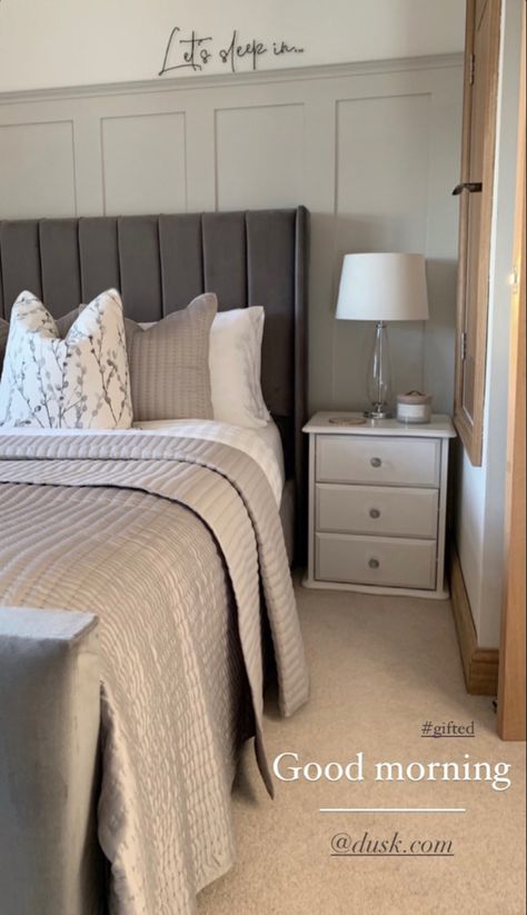 Bedroom Decor Ideas Grey Headboard, Bedroom Panelling Grey Bed, Bedroom Ideas Dark Grey Bed, Dark Panelling Bedroom, Dark Bed Frame Room Ideas, Bedroom Cladding, Dark Grey Headboard Bedroom, Dark Grey Bed Frame Bedroom Ideas, Dark Grey Headboard Bedroom Ideas