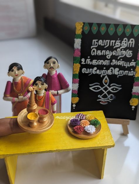 Check the making video https://youtu.be/DYBB0OTKdcc?si=fX-cnh6noYeygjfc Navratri Golu Decoration Ideas, Golu Navaratri, Navratri Ideas, Engagement Tray, Bommala Koluvu, Pooja Decoration, Janmashtami Decoration, 3d Art Drawing, 3d Quilling