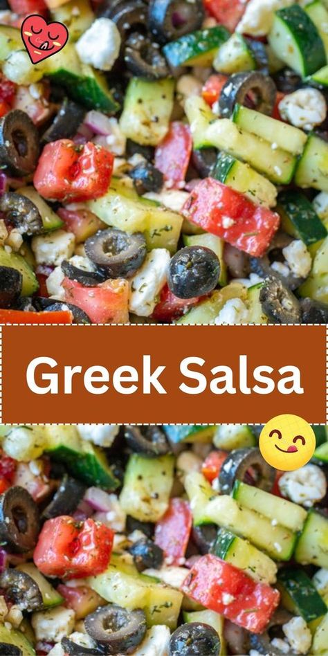 A Mediterranean-inspired salsa with tomatoes, cucumbers, olives, and feta cheese, perfect with pita chips. Greek Salsa Recipe 12 Tomatoes, 12 Tomatoes Greek Salsa, Greek Salsa 12 Tomatoes, Summer Appetizer Recipes Simple, Pita Chip Dip, Mediterranean Party Food, Greek Salsa Recipe, Summer Dips And Appetizers, Mediterranean Sides