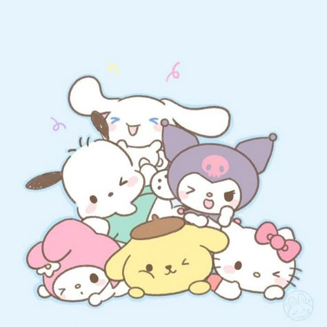 Kuromi And Friends Wallpaper, All Sanrio Characters Together, Kuromi Y My Melody, Fuzzy Wire, Bobbie Goods, Cute Blue Wallpaper, Hello Kitty Friends, Patterns Wallpaper, Hello Kitty And Friends