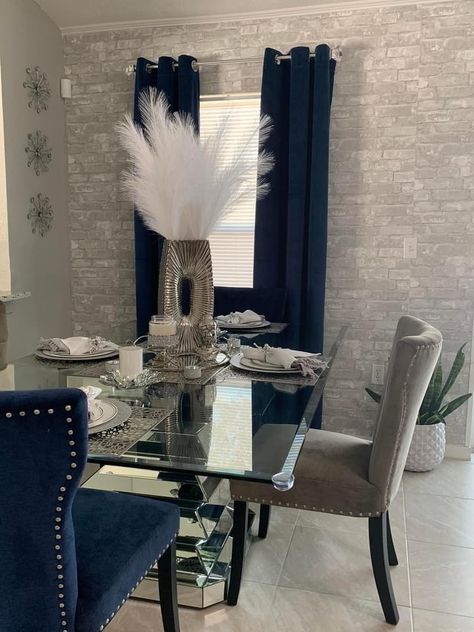 Silver And Navy Living Room, Living Room Decor Royal Blue, Royal Blue Dining Room Decor, Blue Silver And Black Home Decor, Blue And Silver Dining Room Decor, Silver And Blue Living Room Decor, Blue And Grey Dining Room Decor, Navy And Silver Living Room, Navy Blue And Silver Living Room Ideas