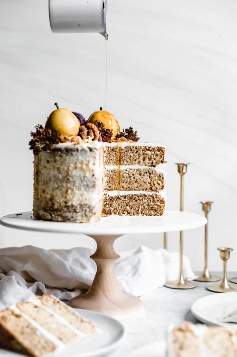 That oh-so-delicious combo of maple and walnuts makes its way into a moist layer cake in this Maple Walnut Cake with Maple Frosting. Christmas Cake Photography, Maple Walnut Cake, Cake With Maple Frosting, Cakes Photography, Cake Styling, Fall Cake Recipes, A Slice Of Cake, Maple Frosting, Broma Bakery