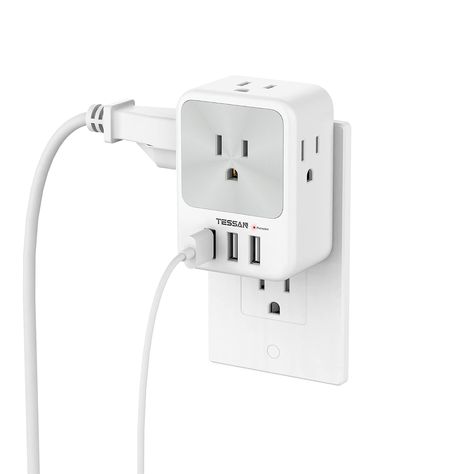 Multiple Plug Outlet: 4 AC outlets are separated without blocking each other, accept the standard N American 2 or 3 prong flat pin plug; Widely space design makes wall outlet expander easier to use for most home appliances like laptops, hairdryers, shavers and more USB Outlet Plug Adapter: 3 USB ports can detect charged devices and deliver optimum charging speed up to 3A (2.4A max per port), ideal for cell phone, earphone, tablet, etc; Usb Outlet Plugs, Outlet Extender, Power Bars, Usb Outlet, Usb Wall Charger, Dorm Room Essentials, Surge Protector, Wall Plug, Wall Outlets