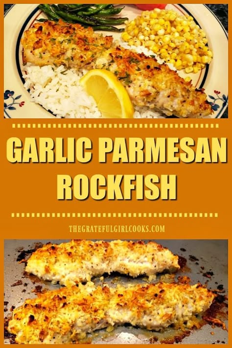 You will enjoy these delicious Garlic Parmesan Rockfish fillets, coated in well-seasoned bread crumbs & baked until flaky. Only 10 minutes prep time! / The Grateful Girl Cooks! Rockfish Recipes Baked, Baked Rock Fish Recipes Oven, Rock Fish Recipe Baked, Rock Fish, Rock Fish Recipe Air Fryer, Rockfish Recipe, Rock Fish Fillet Recipe, Rock Fish Recipe Healthy, Rockfish Recipes Pan Seared