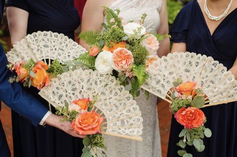 Fans instead of bouquets for bridesmaids. Bouquet alternative #VictorianTradingCompany #HeartsandFlowersFloralDesignStudio #coral #ferns #navy #bridesmaid #bouquetalternative Flamenco Wedding Dress, Bridesmaid Bouquet Alternatives, Filipiniana Wedding, Jasmine Wedding, Flower Backdrop Wedding, Easter Flower Arrangements, Bridesmaid Diy, Bouquet Bridesmaid, Key West Wedding