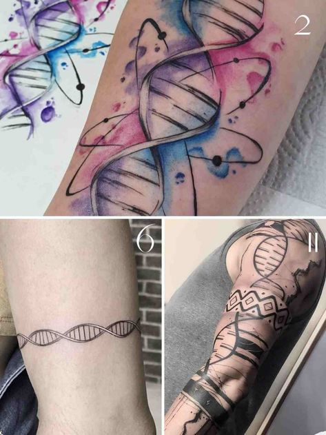 43 DNA Tattoo Strands, Chains & Flower Designs - TattooGlee Dna Tattoo Ideas Men, Dna Strand Tattoo, Dna Tattoo Ideas, Dna Tattoo Design, Strand Tattoo, Biology Tattoo, Pomegranate Tattoo, Tree Tattoo Meaning, Dna Strand