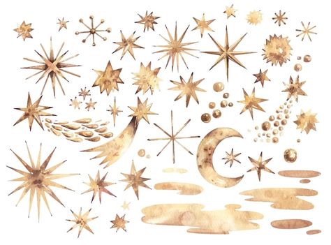 Set of golden stars isolated on white ba... | Premium Vector #Freepik #vector #watercolor-elements #watercolor-drawing #stardust #gold-star Christmas Star Drawing, Shooting Star Drawing, Watercolor Stars, Stars Watercolor, Draw Watercolor, Gold Drawing, Watercolor Elements, Star Illustration, Art Deco Illustration