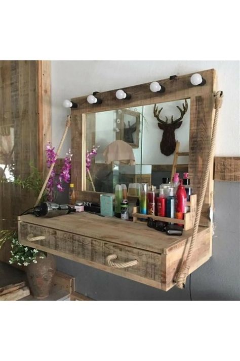 Wood Vanity Table, Pallet Vanity, Western Bedrooms, Western Bedroom Decor, Western Rooms, Western Bedroom, Wooden Vanity, Vanity Ideas, Diy Vanity