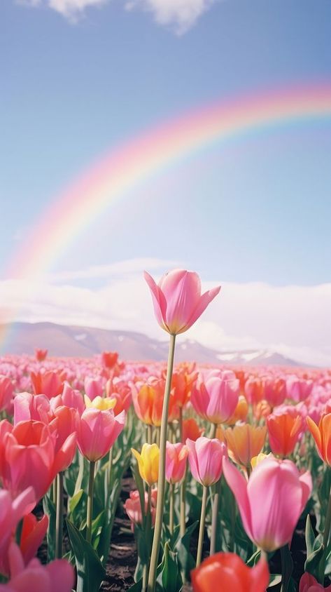 Landscape rainbow tulip outdoors. | premium image by rawpixel.com / PLAIIII Tulip Field Wallpaper Iphone, Tulip Wallpaper, Tulip Landscape Wallpaper, Tulip Illustration Wallpaper, Landscape With Rainbow, Tulips And Sunset Wallpaper, Tulips Garden Wallpaper, Rainbow Wallpaper Iphone, Rainbow Springs