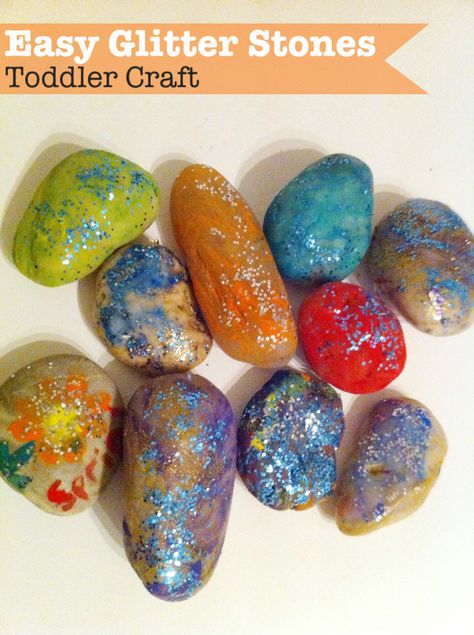 Painting rocks to make easy glitter stones. This toddler craft is so easy and could be adapted for Fathers day! Toddler Rock Painting, Everest Vbs, Space Week, Glitter Rocks, Toddler Projects, Toddler Craft, Moon Rocks, St Stephen, Toddler Arts And Crafts