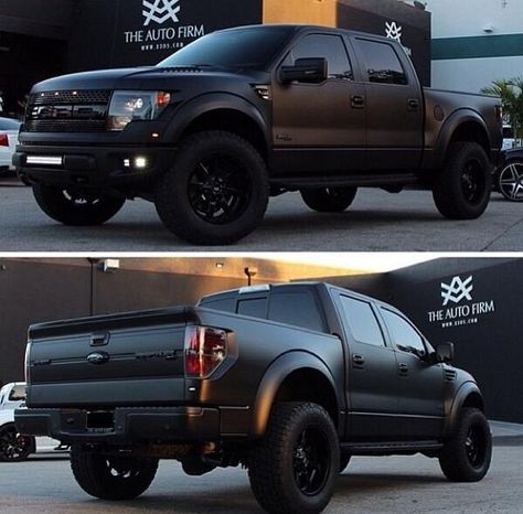 Matte black Ford Raptor Ford Raptor Lifted, Black Ford F150, Black Ford Raptor, Ford Raptor Truck, Raptor Truck, Ford Svt, F150 Raptor, Dream Vehicles, Built Ford Tough