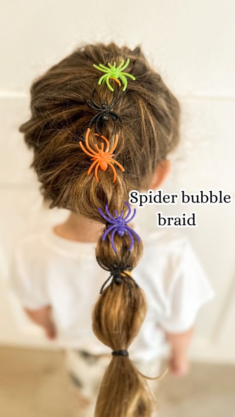 Make yours child bubble braid Halloweem theme 🎃 #halloweenhair #halloweenhairdo #halloweenhairstyle #toddlerhairtutorial Spider Ring Hair, Spider Ring, Bubble Braid, Toddler Hairstyles, Itsy Bitsy Spider, Plastic Ring, Halloween Hair, The Spider, Toddler Hair