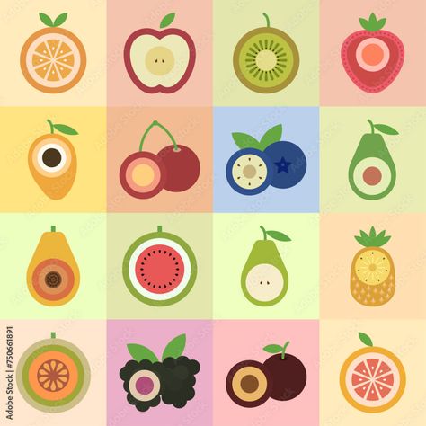 collection of fruits in a seamless pattern with colored backgrounds Diet Moodboard, Fruit Graphic Design, Tea Packaging Design, Drink Design, Fruit Icons, Fruit Vector, Typography Artwork, Fruit Illustration, Drinks Design