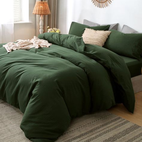 PURE ERA HOME BEDDING Jersey Cotton Duvet Cover Set | Wayfair Forest Room Ideas, Duvet Cover Sets Bohemian, House Room Design, Forest Room Decor, Green Sofa Living Room, Green Bed, Forest Room, Boho Duvet Cover, Boho Duvet