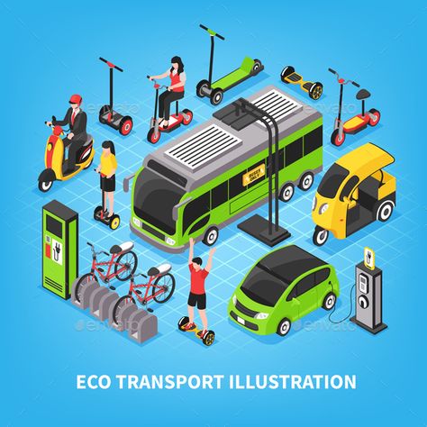 Eco Transport Isometric Illustration #Transport, #Eco, #Illustration, #Isometric Eco Illustration, Transportation Illustration, Sustainable Transportation, Train Cartoon, Transport Illustration, Illustration City, Streetscape Design, Parking Building, Green Transportation