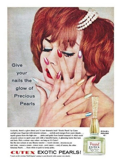 Clear Pink Nail Polish, 1950s Nails, Nail Polish Ads, Vintage Nail Polish, History Of Advertising, Retro Vanity, 50s Makeup, Vintage Bedrooms, Vintage Beauty Products