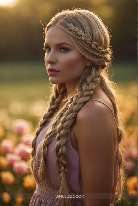 Long Blonde Braided Hair, Norse Hairstyles Women Short, Dutch Hair Braids, Braided Hairstyles Front View, Hairdos With Braids, Roman Goddess Hairstyles, Swedish Braids Hairstyles, Random Braids Throughout Hair, Long Hair Braids Styles