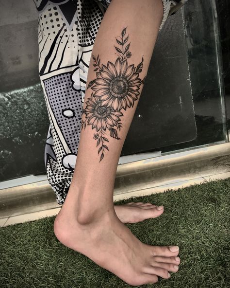 Sunflower Tattoo With Leaves, Sunflower Tattoo On Calf, Sunflower Leg Tattoo Calf, Sunflower Tattoo Ankle Cover Up, Sunflower Tattoo Calf, Sunflower Calf Tattoos For Women, Sunflower Tattoo On Leg, Ankle Sunflower Tattoo, Sunflower And Vines Tattoo