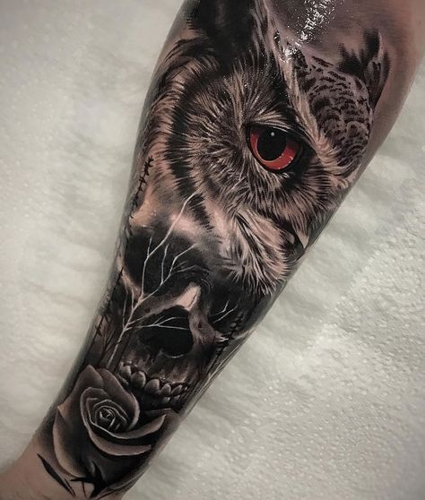 Owl morphed with a skull & rose, done on guy's forearm by Harrison Daniel, an artist based in Perth, Australia. Owl Forearm Tattoo, Owl Skull Tattoos, Mens Owl Tattoo, Realistic Owl Tattoo, Owl Tattoo Sleeve, Owl Tattoo Drawings, Owl Skull, Mangas Tattoo, Skull Rose Tattoos