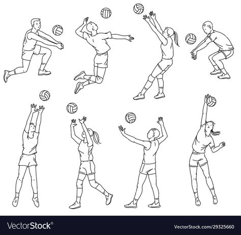 Volleyball Cartoon Art, Volleyball Doodles, Volleyball Poses Drawing Reference, Volleyball Player Drawing, Volleyball Sketch, Women Cartoon Characters, Drawing Volleyball, Volleyball Cartoon, Outline Silhouettes