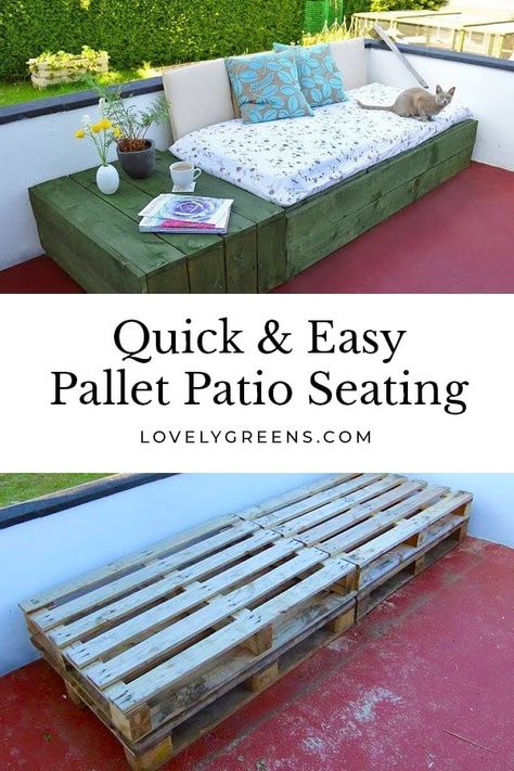 Create a patio day bed by stacking four wood pallets together and disguising them with wood facing. A simple and inexpensive outdoor seating project #pallet #diygarden #outdoorseating Pallet Patio Furniture Diy, Patio Bed, Diy Outdoor Seating, Outdoor Pallet, Pallet Seating, Diy Backyard Patio, Pallet Garden Furniture, Pallet Patio Furniture, Patio Couch