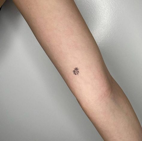 Single Needle Ladybug Tattoo, Red Ink Ladybug Tattoo, Aesthetic Ladybug Tattoo, Minimalistic Ladybug Tattoo, Last Bug Tattoo, Random Tattoos On Arm, Delicate Ladybug Tattoo, Ladybug Wrist Tattoo, Ladybug Arm Tattoo