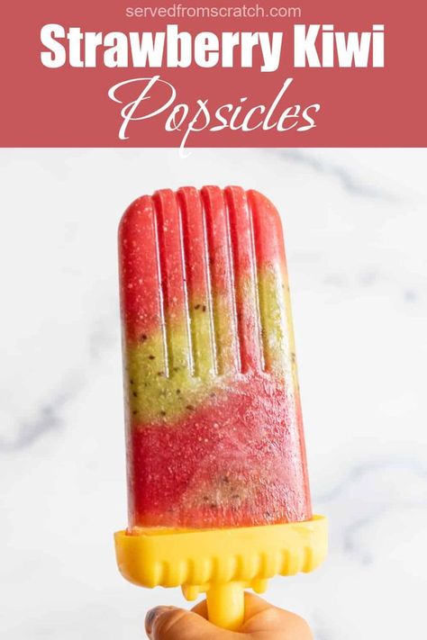 a hand holding a popsicle of strawberry and kiwi with Pinterest pin text. Chocolate Munchkins, Kiwi Popsicles, Small Home Kitchen, Frozen Popsicles, Toddler Foods, Fruit Popsicles, Snacks Candy, Strawberry Kiwi, Family Restaurant