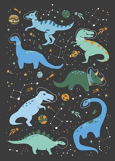 Whimsical illustration of blue and green dinos dressed as astronauts in outer-space with meteor showers, planets, and constellations. Inspired by my son’s first birthday where I couldn’t decide between a dinosaur or outer-space theme, so I chose both. His cake was a t-rex on a moon. • Millions of unique designs by independent artists. Find your thing. Dinos In Space, Space Dinosaur Wallpaper, Space Illustration Kids, Space Dinosaur Birthday, Dino Astronaut, Dinosaur In Space, Dinosaur Aesthetic, Dino Illustration, Planet Illustration