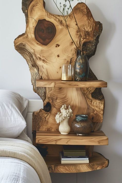 Creative Bedside Table, Creative Shelving, Hemma Diy, Natural Decor, Japanese Zen, Wooden Shelf, Hus Inspiration, Into The Woods, Wood Home Decor