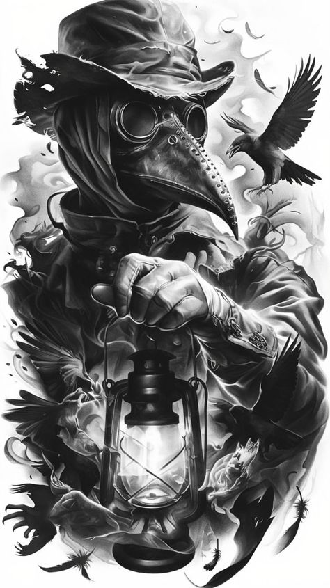 Reaper And Raven Tattoo, Dark Creepy Tattoos, Gothic Tattoo Ideas For Men, Creepy Tattoos Gothic, Gothic London, Steampunk Tattoo Design, Plague Doctor Tattoo, Doctor Tattoo, Steampunk Tattoo