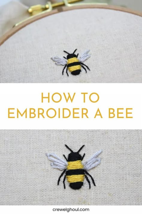 Learn how to embroider a simple bumble bee with this easy step by step tutorial. Embroidery Designs Easy Free Pattern, How To Embroider A Bumble Bee, Bumble Bee Embroidery Simple, Embroidered Bees Patterns, Embroidered Bee Pattern, Easy Embroidery Gift Ideas, Easy Embroidery For Beginners Patterns, Bee Embroidery Simple, Small Embroidery Designs Simple