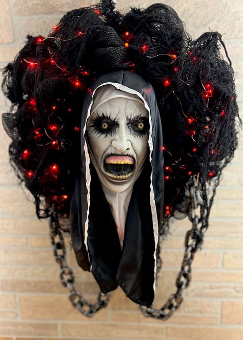 The Nun Valak, Halloween Decorations Party Scary, Scary Halloween Wreath, Nun Halloween, Horror Crafts, Burgundy Lipstick, The Nun, Concord Nh, Creepy Halloween Decorations